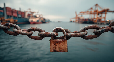 Rusty padlock securing a heavy chain in a container port;The concept of tariff policy and cross-border logistics