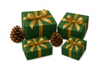 Christmas presents and natural pinecones creating festive holiday atmosphere on transparent background
