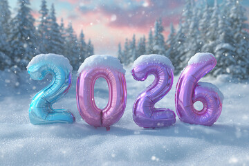 Happy New Year 2026 : Festive Pink and Purple Number Balloons in a Snowy Winter Wonderland Forest