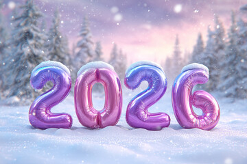 Happy New Year 2026 : Festive Pink and Purple Number Balloons in a Snowy Winter Wonderland Forest