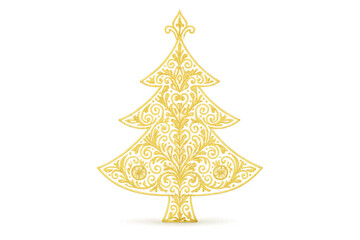 Golden filigree christmas tree with ornate scrollwork design and elegant holiday decoration on transparent