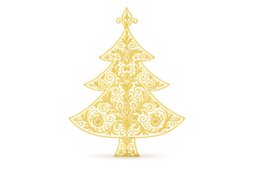 Golden filigree christmas tree with ornate scrollwork design and elegant holiday decoration on transparent