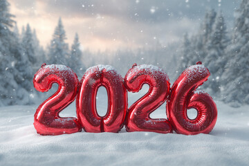 Happy New Year 2026 : Festive Red Number Balloons in a Snowy Winter Wonderland Forest