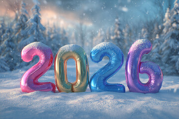 Happy New Year 2026 : Festive Rainbow Number Balloons in a Snowy Winter Wonderland Forest