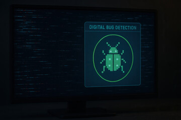 Digital bug detection on computer monitor showing pixelated insect icon and diagnostic interface, moody dark background conveying cybersecurity alert and technical analysis