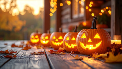 Row of glowing jack o lanterns on wooden porch creates festive Halloween atmosphere with autumn leaves scattered around
