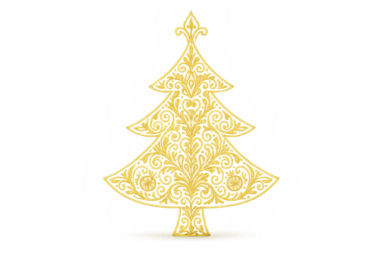 Golden filigree christmas tree with ornate scrollwork design and elegant holiday decoration on transparent
