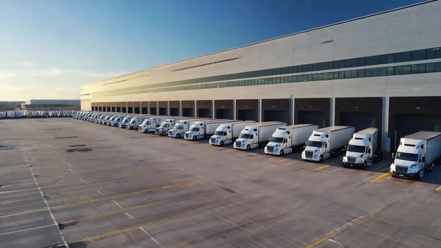 Fleet of Trucks at Distribution Center: An impressive fleet of semi-trucks, meticulously lined up at a massive distribution center under a clear blue sky.