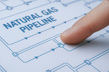 Natural gas pipeline plan finger pointing blueprint flow direction valve symbol industrial schematic technical drawing energy infrastructure gas network engineering diagram