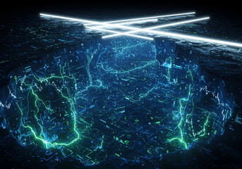 Abstract digital rendering featuring a glowing blue and green fractal structure illuminated by bright white neon lights against a dark background.