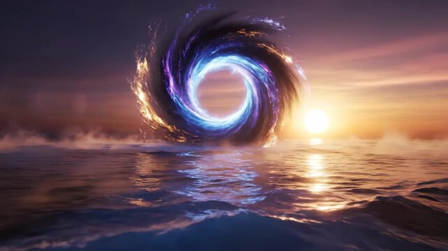 Vibrant interdimensional portal opening over a calm, reflective sea under a dramatic sky, evoking a sense of wonder and cosmic adventure