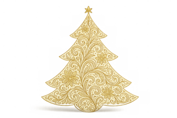 Holiday golden christmas tree featuring detailed floral patterns, filigree, and festive ornaments on transparent background