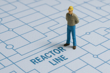 Miniature engineer standing on technical blueprint labeled reactor line, thoughtful pose conveying industrial planning and safety