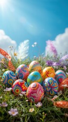 Colorful easter eggs nestled in a grassy field under a sunny sky