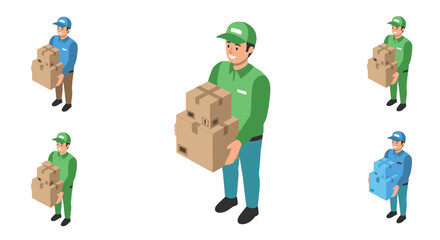 Fototapeta premium Delivery workers carrying cardboard boxes in isometric style