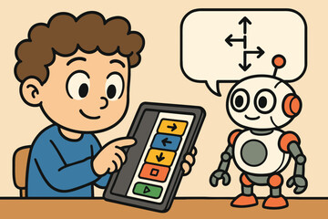Boy programming a robot using a tablet with directional commands