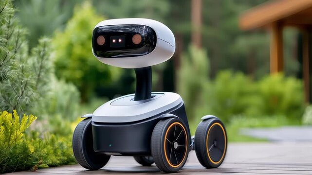 cute service robot moving on wheels outdoors near modern house exploring garden path with natural greenery and friendly futuristic design