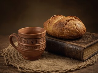 Rustic still life with bread book and clay mug on a wooden table
