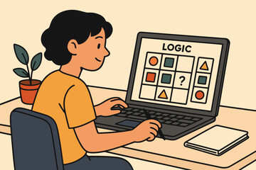 Young person focused on laptop screen solving a logic puzzle game
