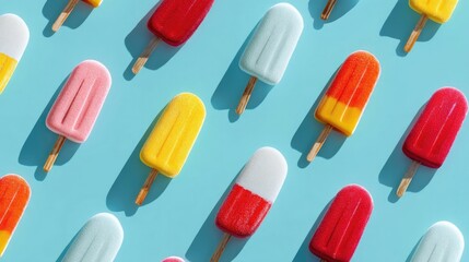 Colorful popsicles arranged in a creative pattern on bright blue background, refreshing summer concept, sweet frozen dessert, minimal design and fun vibe.