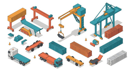 Obraz premium Isometric shipping and cargo equipment set with containers and cranes
