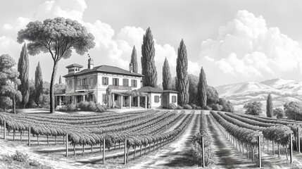 Naklejka premium hillside vineyard with a grand Tuscan-style estate surrounded by cypress trees and cultivated grapevines . Generative ai raster colorful illustration.
