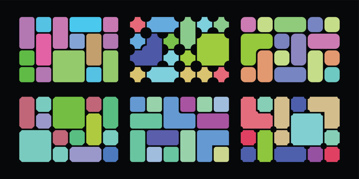 Bento grid layout abstract pattern of colorful rounded rectangles and squares arranged in a grid on a black background