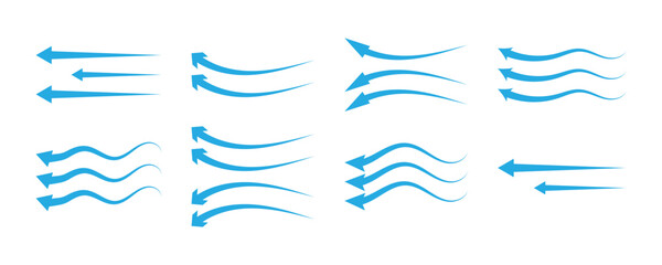 Air flow arrows. Blue cold wind stream, fresh water direction, filter and conditioner system infographic transparent movement and rotation elements. Vector arrow icons set