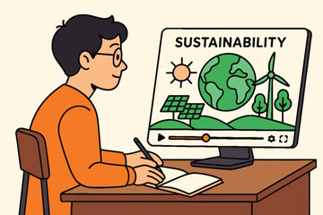 Young person learning about sustainability on a computer screen with eco friendly elements