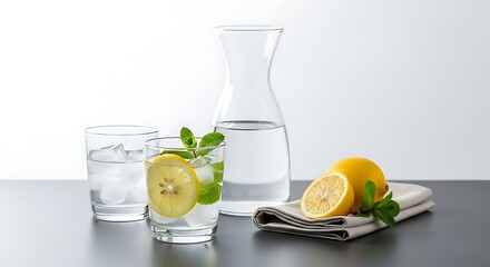 Refreshing glass of water with ice, lemon, and mint, accompanied by a carafe of water on a napkin