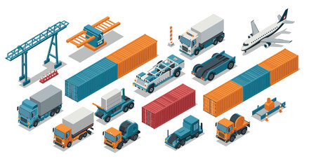 Obraz premium Isometric transport and logistics elements trucks, ships, planes, and cranes