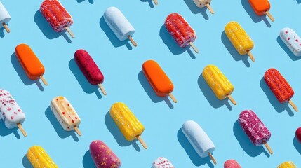 Colorful popsicles arranged in a creative pattern on bright blue background, refreshing summer concept, sweet frozen dessert, minimal design and fun vibe.