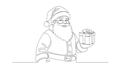 Fototapeta premium Continuous line drawing of santa claus holding a christmas gift with ribbon and wearing a hat and beard