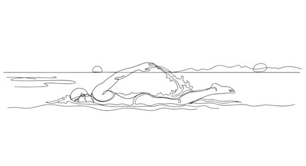 Continuous line drawing of a swimmer in the ocean with sun and waves in the background art illustration