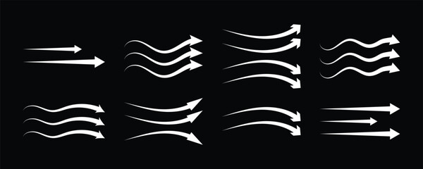 Air flow arrows set. Arrow black icon collection for showing wind direction