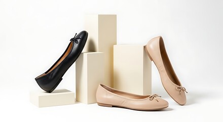 Elegant women's ballet flats in black and nude, arranged on geometric blocks, showcasing comfortable, chic footwear for everyday style