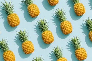 Fototapeta premium Fresh pineapples pattern on light blue background
