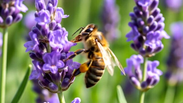 A close-up of a bee collecting nectar from vibrant lavender flowers in a sunny garden