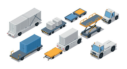 Obraz premium Isometric airport ground support vehicles set for logistics and transportation