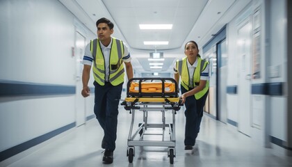Dynamic action shot of two paramedics in safety vests, running and pushing an emergency gurney through a hospital hallway.