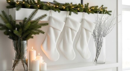 Elegant and cozy Christmas mantelpiece decorated with three white stockings, festive green garland, and glowing candles