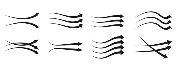 Set of arrow flow air icon set. Wind direction arrow symbol. Transparent background vector 