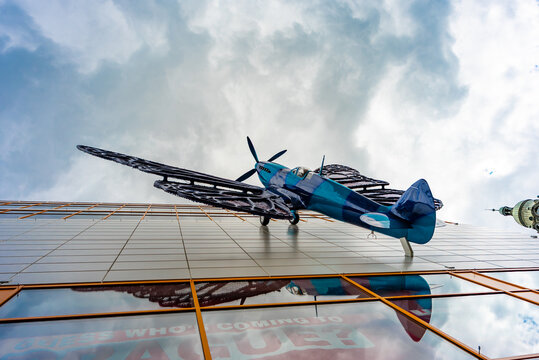 Prague, Czech Republic - 08.05.2025: David Cerny's butterfly-winged airplane sculpture.