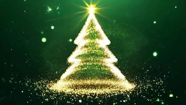 A beautiful green and gold motion graphic featuring a shining star and sparkling particles forming a classic Christmas tree shape. Perfect for holiday greetings and festive projects.