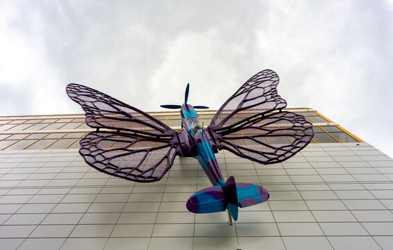 Prague, Czech Republic - 08.05.2025: David Cerny's butterfly-winged airplane sculpture.