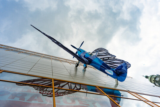 Prague, Czech Republic - 08.05.2025: David Cerny's butterfly-winged airplane sculpture.