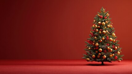 Beautifully decorated Christmas tree with golden and red ornaments, festive celebration, holiday season spirit, red background, cozy and warm atmosphere.