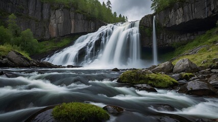 Obraz premium Steinsdalsfossen (Norway) - World Waterfalls highlights its unique behind-the-fall pathway and misty curtain, capturing serene Nordic landscapes and the enchanting atmosphere surrounding this iconic