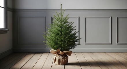 A simple undecorated Christmas tree wrapped in burlap, standing on a wooden floor in a minimalist room with gray wainscoting