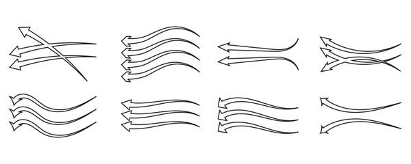 Set of black and arrow showing air or wind flow. Air conditioner direction. Isolated on white background .